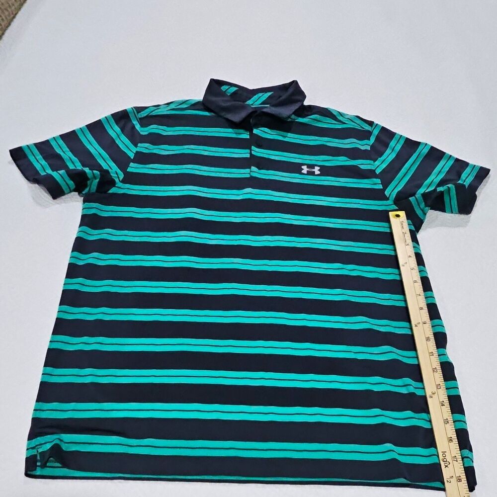 Under Armour HeatGear Polo Men’s XL Navy Teal Striped Loose Fit Golf Shirt